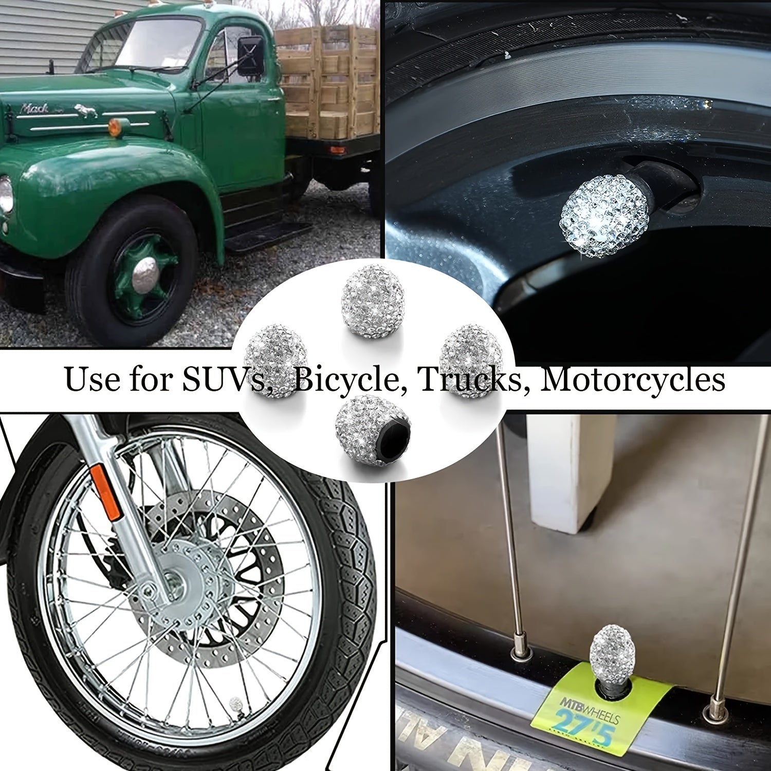 Universal Rhinestone Tire Valve Stem Caps for Cars Bikes Trucks 4 Pack