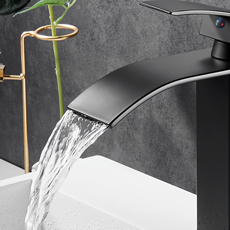 Black Brass Bathroom Sink Faucet Waterfall Spout Single Hole Deck Mount Ceramic Valve