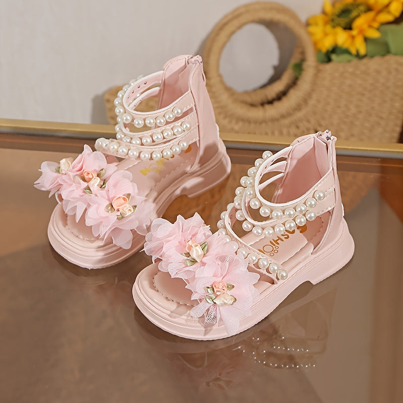 Baby Girl Sandals Open Toe Flowers Pearls Zipper Summer Casual