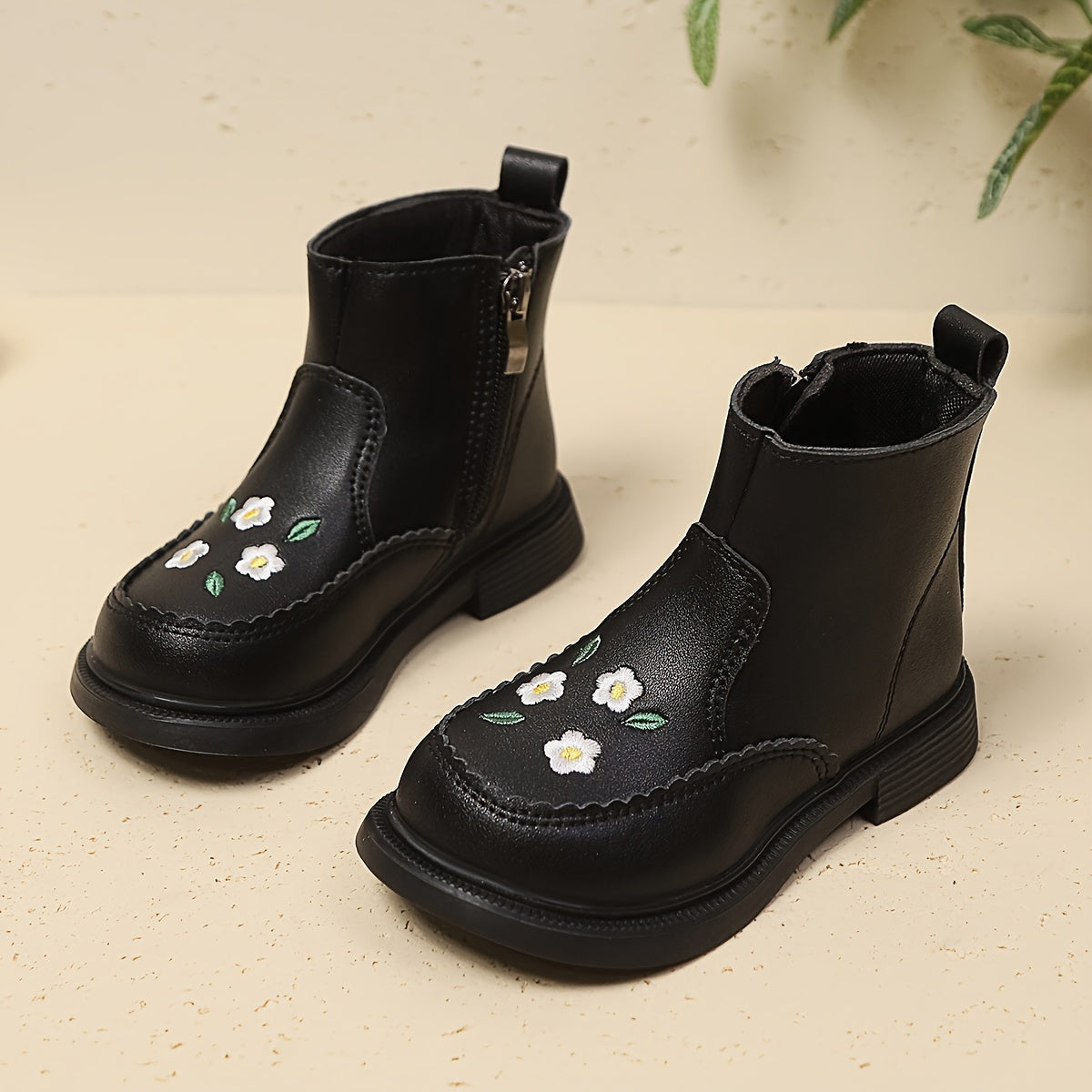 Girls Ankle Boots Floral Embroidery PU Upper Rubber Sole Zipper Closure Fall Winter