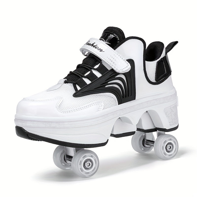 Boy's All-Season PU Skate Shoes with Detachable Wheels and Non-Slip Fastener