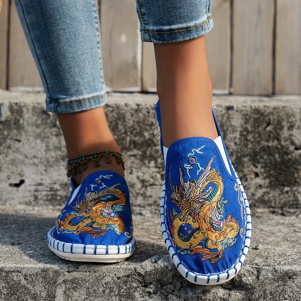 Women's Embroidered Animal Print Slip-On Flats Blue and Gold