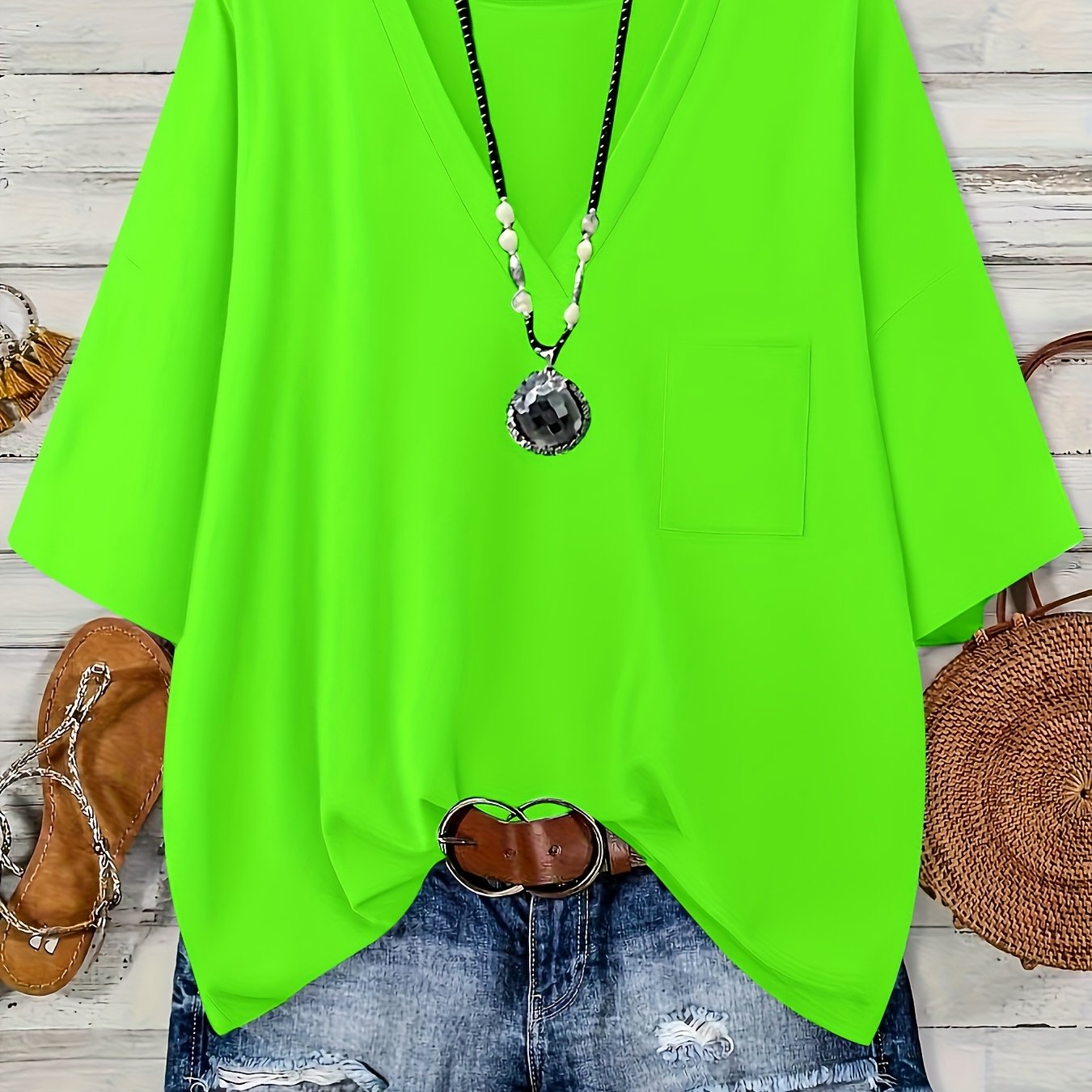 Women's Plus Size V-Neck Loose Top with Pockets Black Casual Summer Blouse