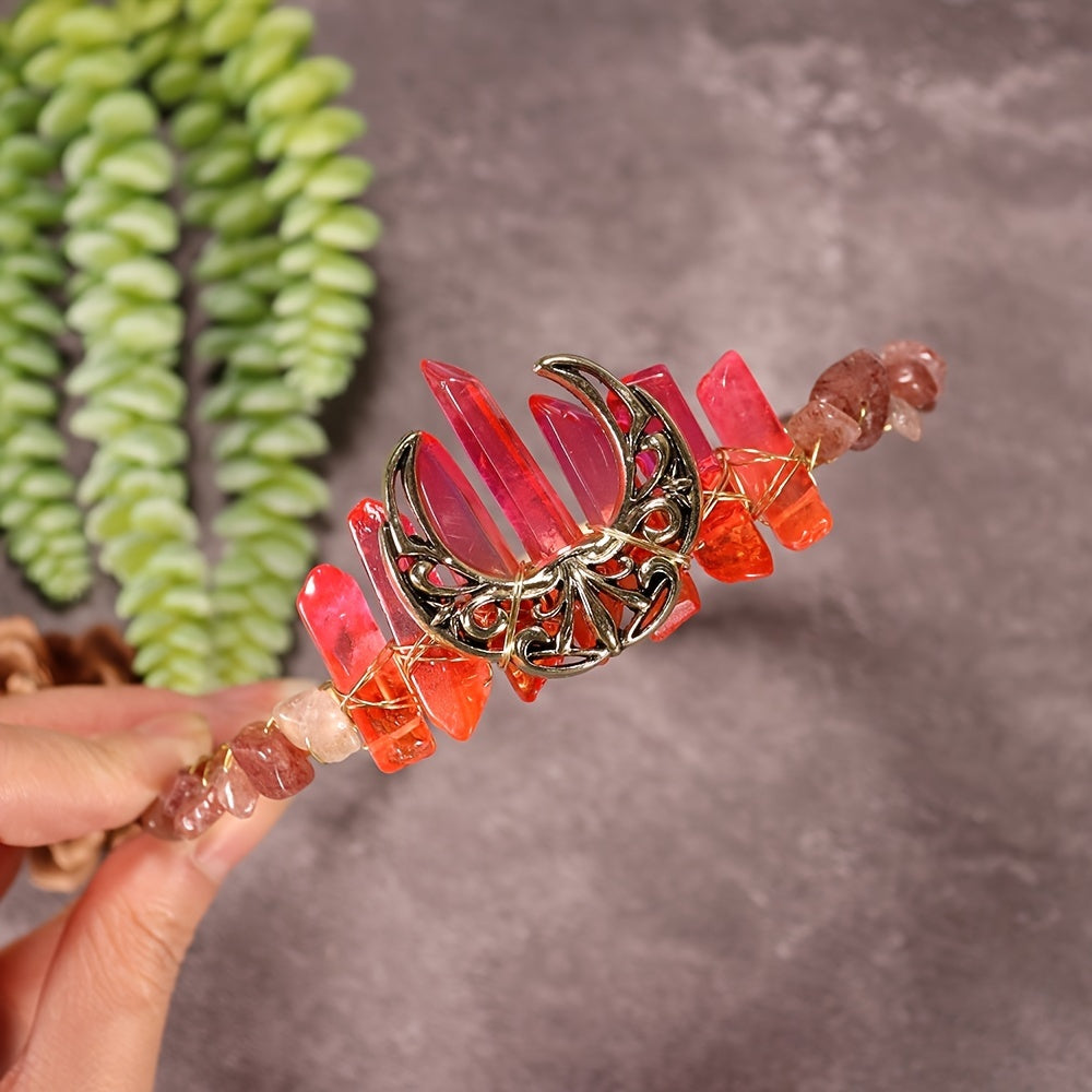 Women's Hair Accessory Headband with Natural Crystal and Moon Tiara Design