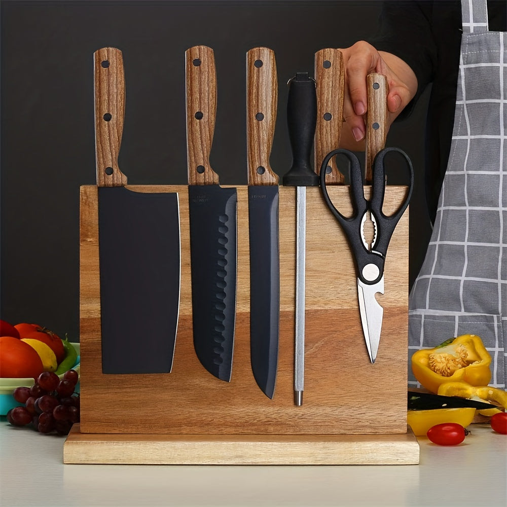 Wooden Double-Sided Knife Holder with Magnetic Storage Kitchen Utensil Organizer