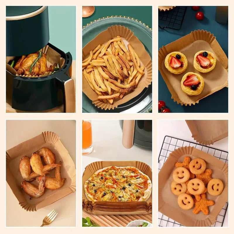 Kvadrat havo fritüri uchun qog'ozlar, 100 ta paket, oziq-ovqat uchun, issiqlikka, yog'ga chidamli, pishirish, qovurish, mikroto'lqinli pech uchun