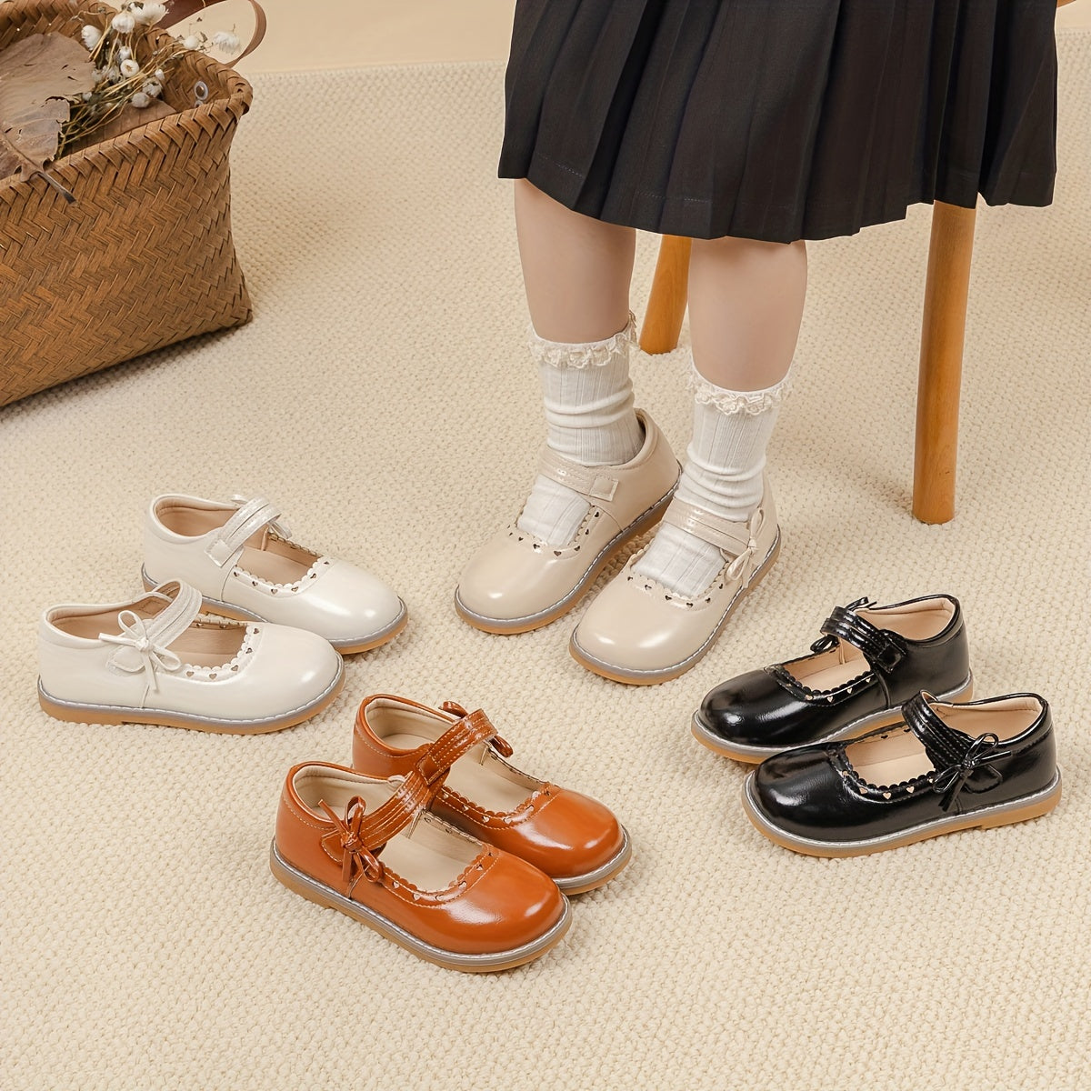 Zapatos Mary Jane de PU para niñas con lazo, punta redonda, otoño e invierno, color sólido