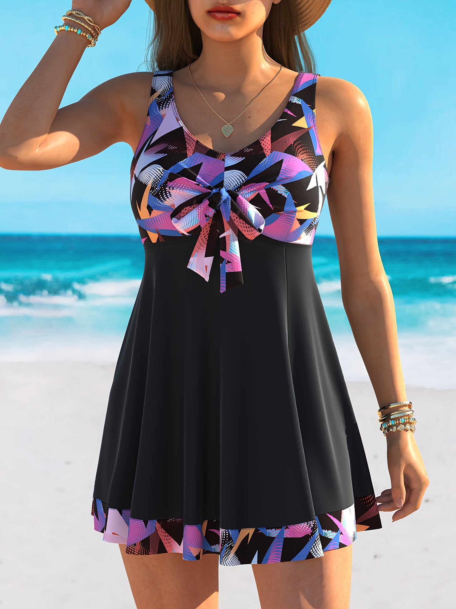 Women's Floral High Stretch Polyester Two-Piece Tankini Swimsuit