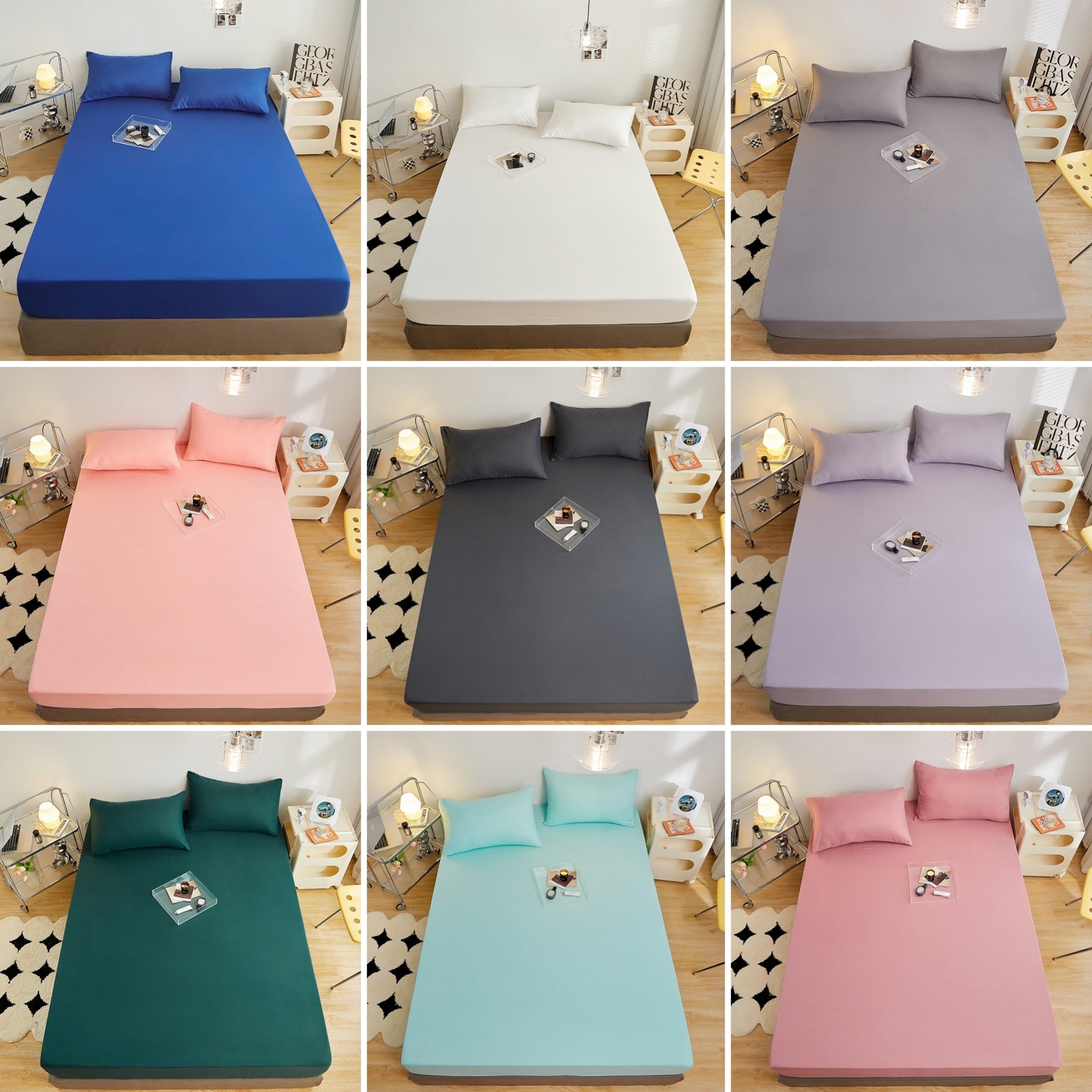 Juego de sábanas ajustadas de poliéster cepillado con 2 fundas de almohada, con bolsillo profundo, ropa de cama