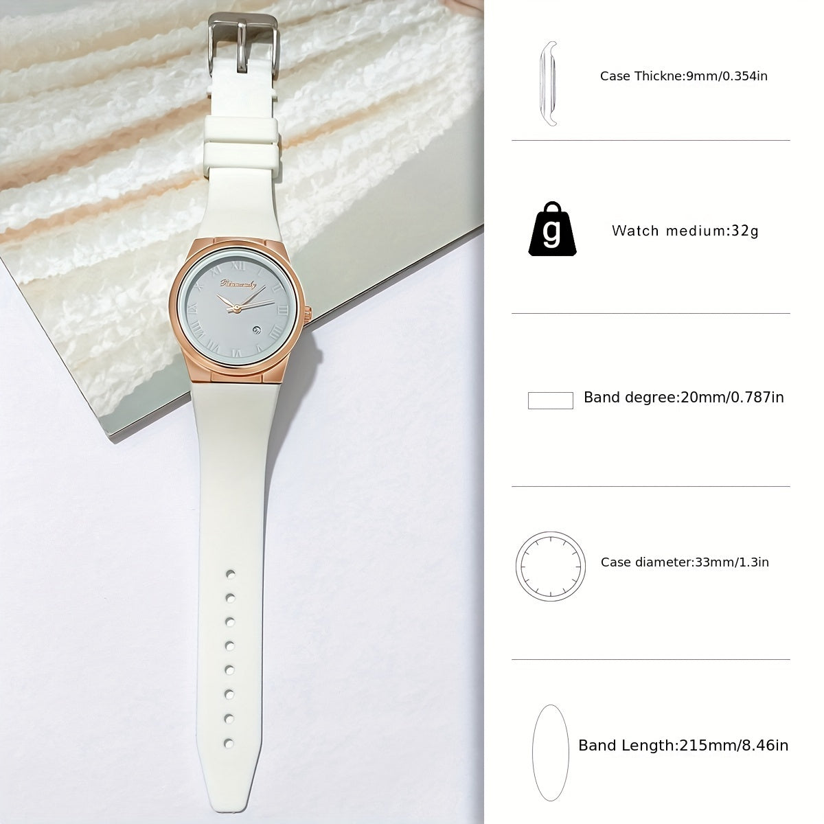 Women Quartz Watch with Silicone Band and Analog Calendar
