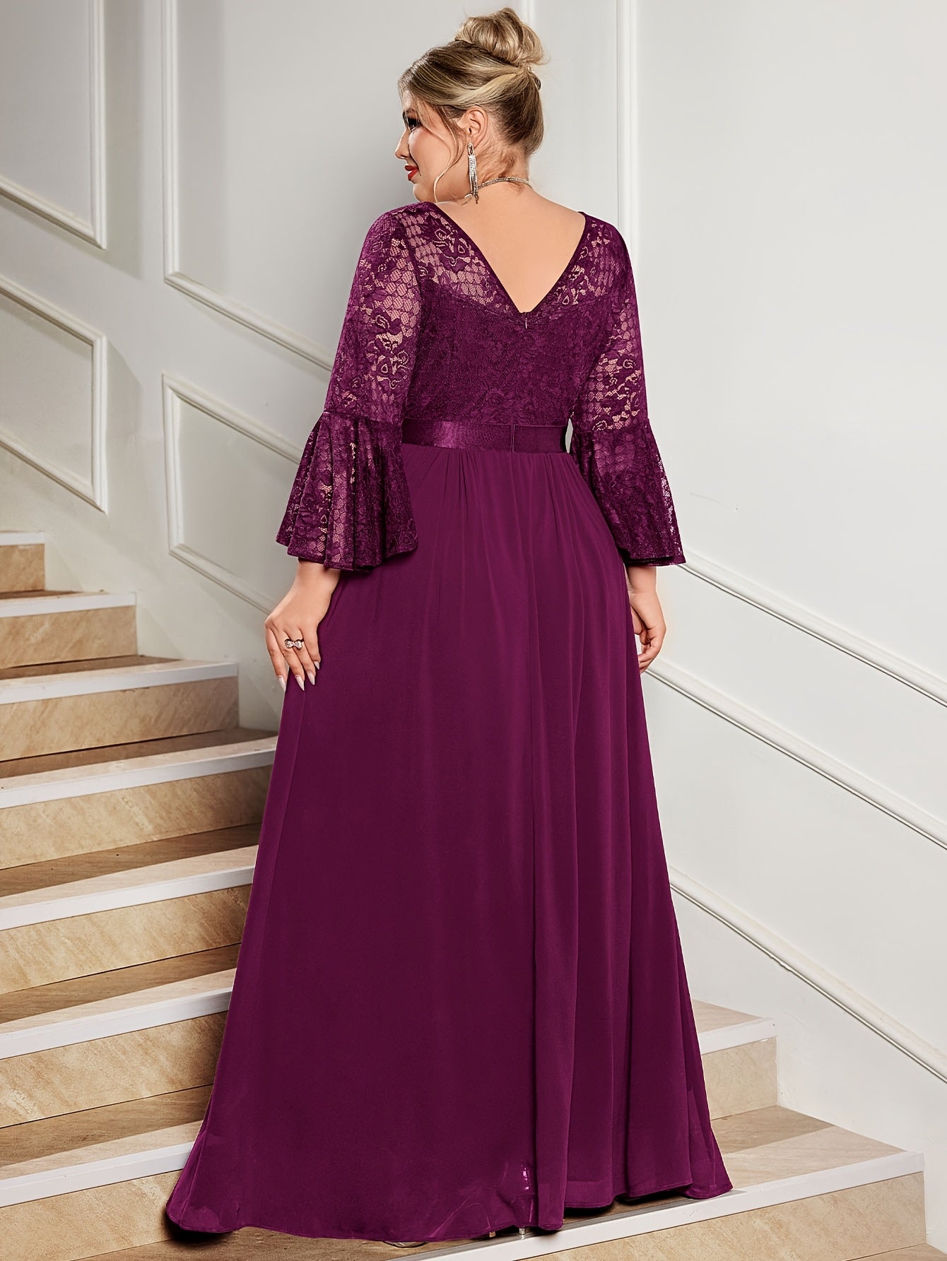 Plus Size Lace V-Neck Gown with Bell Sleeves and Pleated Skirt for Formal Events