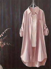 Women's Casual Oversized Midi Shirt with Lapel Collar and Button Details in Polyester Spandex Blend