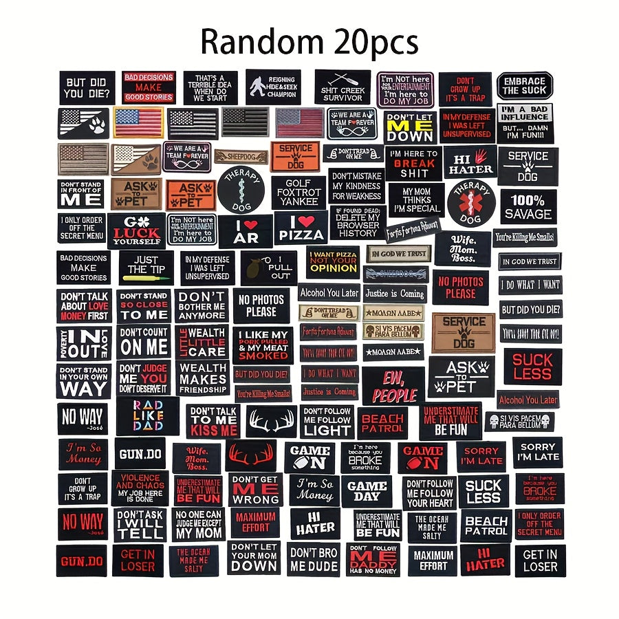 Set of 20 Embroidered Military Patches with Funny Designs for Bags, Clothing, and Gear
