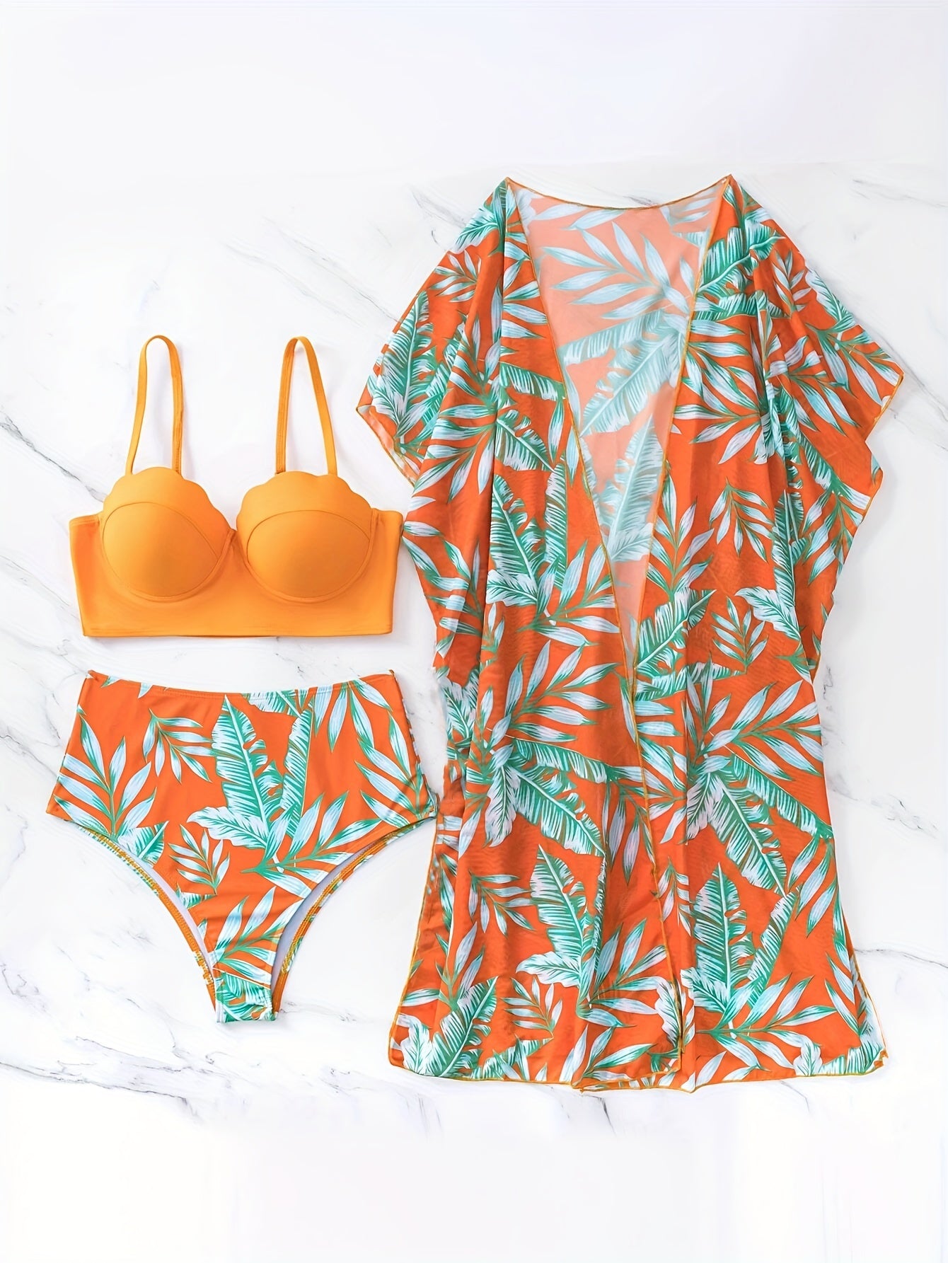 Tropical Print High Waist Bikini Set with Spaghetti Straps and Cover Up Shirt