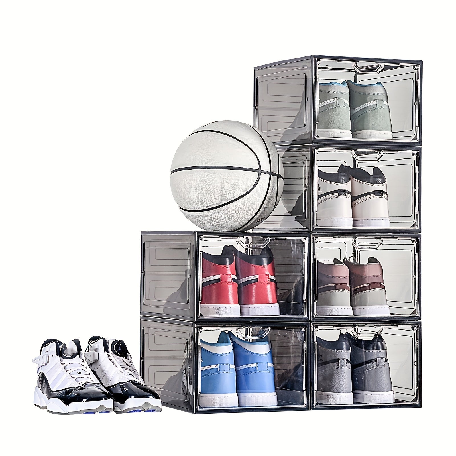 6-Pack Waterproof Plastic Shoe Organizer Boxes with Magnetic Closure Stackable Storage Cases in Black