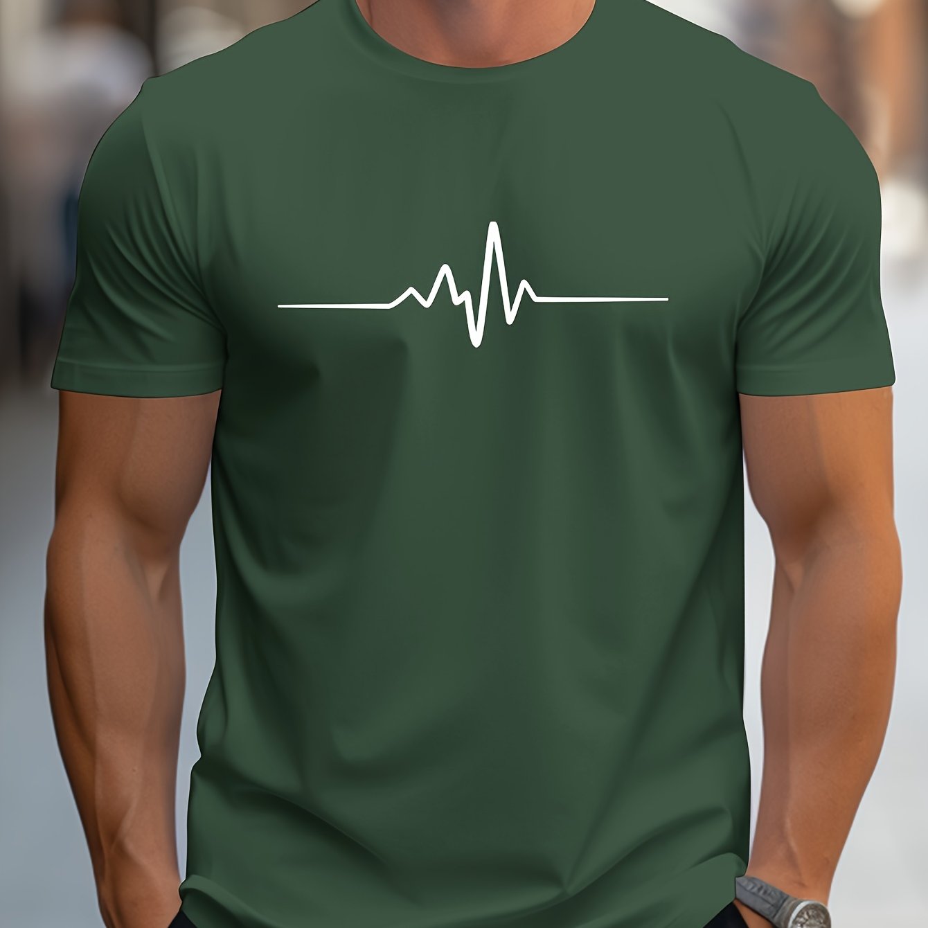 Unisex Navy Blue Heartbeat Print T-Shirt Summer Casual Crew Neck Polyester Elastane