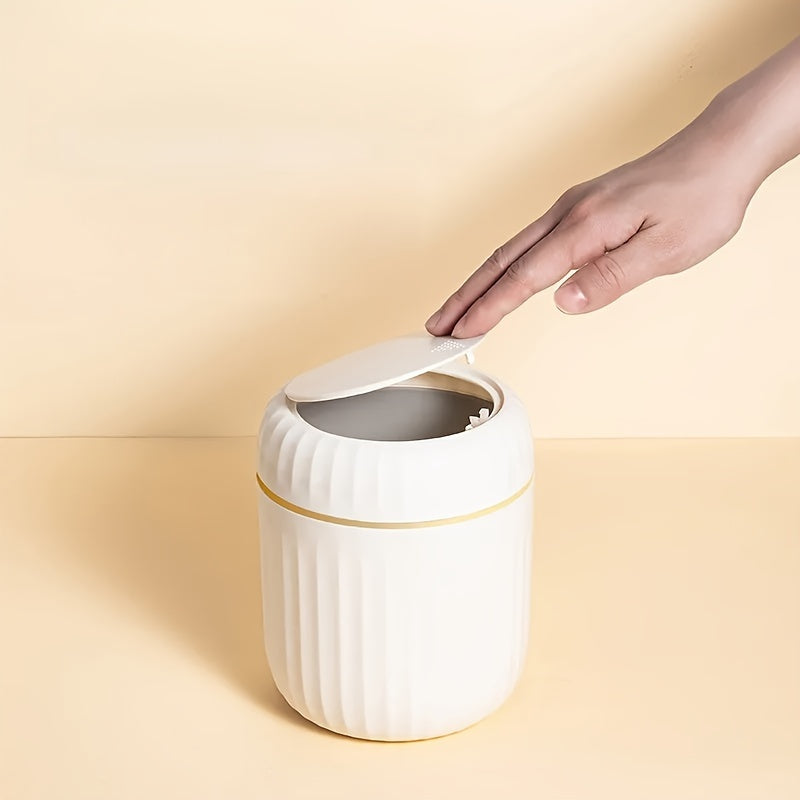 Cubo de basura de escritorio de tipo prensa con tapa, plástico duradero, uso en oficina y en el hogar