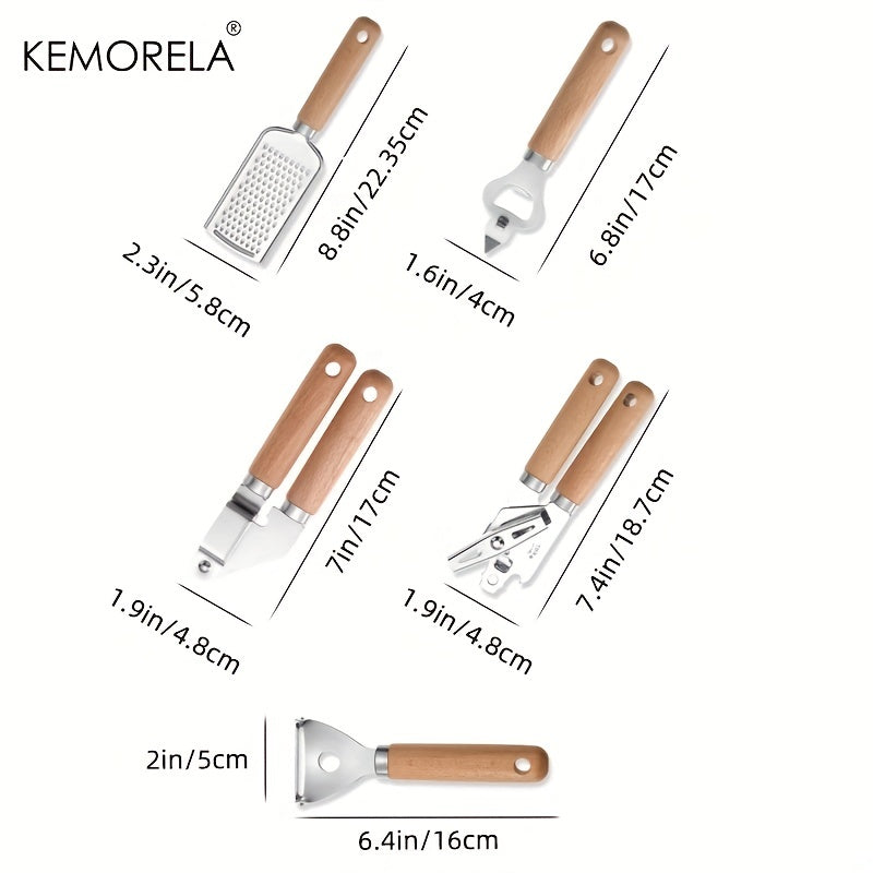 Set of 9 Kitchen Gadgets with Wooden Handles Stainless Steel Utensils