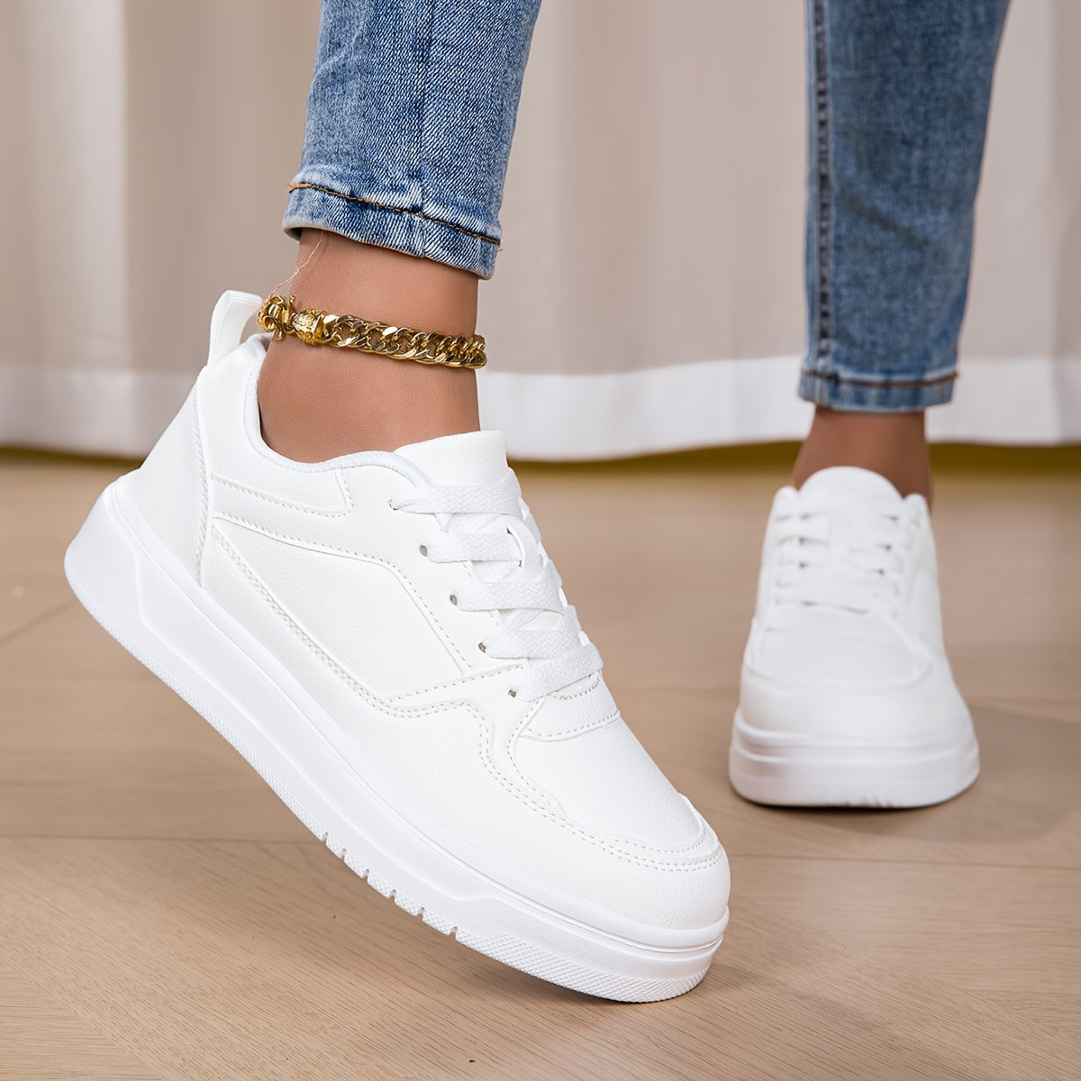 Women's White Low-Top Casual Sneakers Synthetic Fabric Cushioned Sole