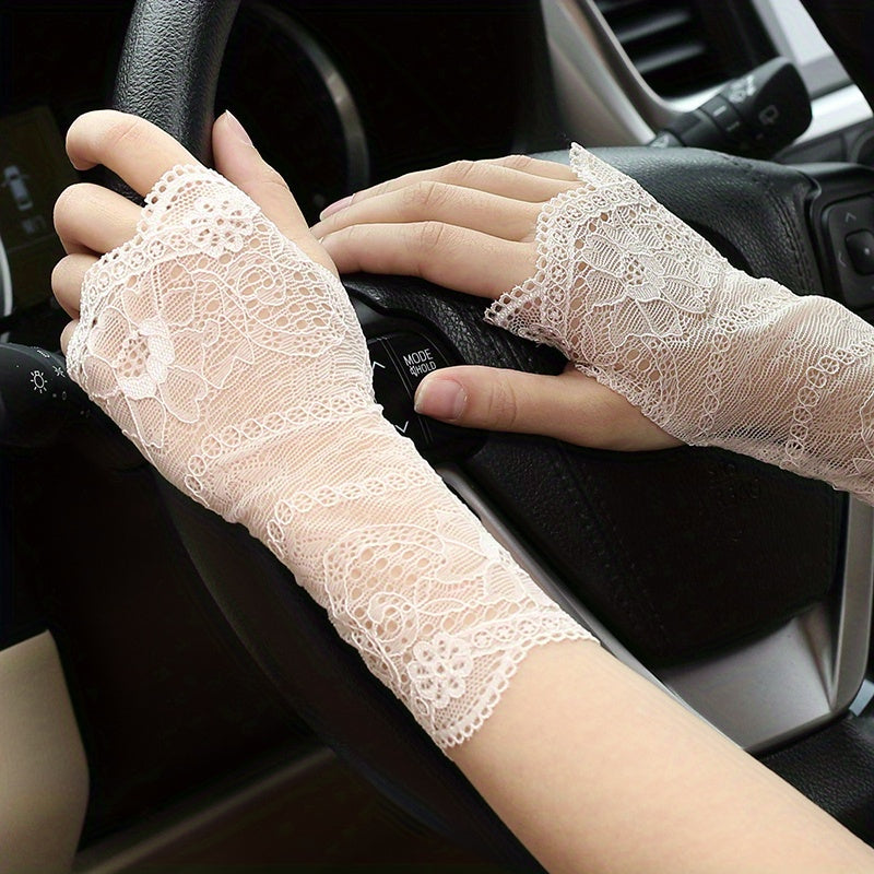 Geometric Lace Half Finger Wrist Sleeves with Thumb Hole for Summer Sunscreen Protection