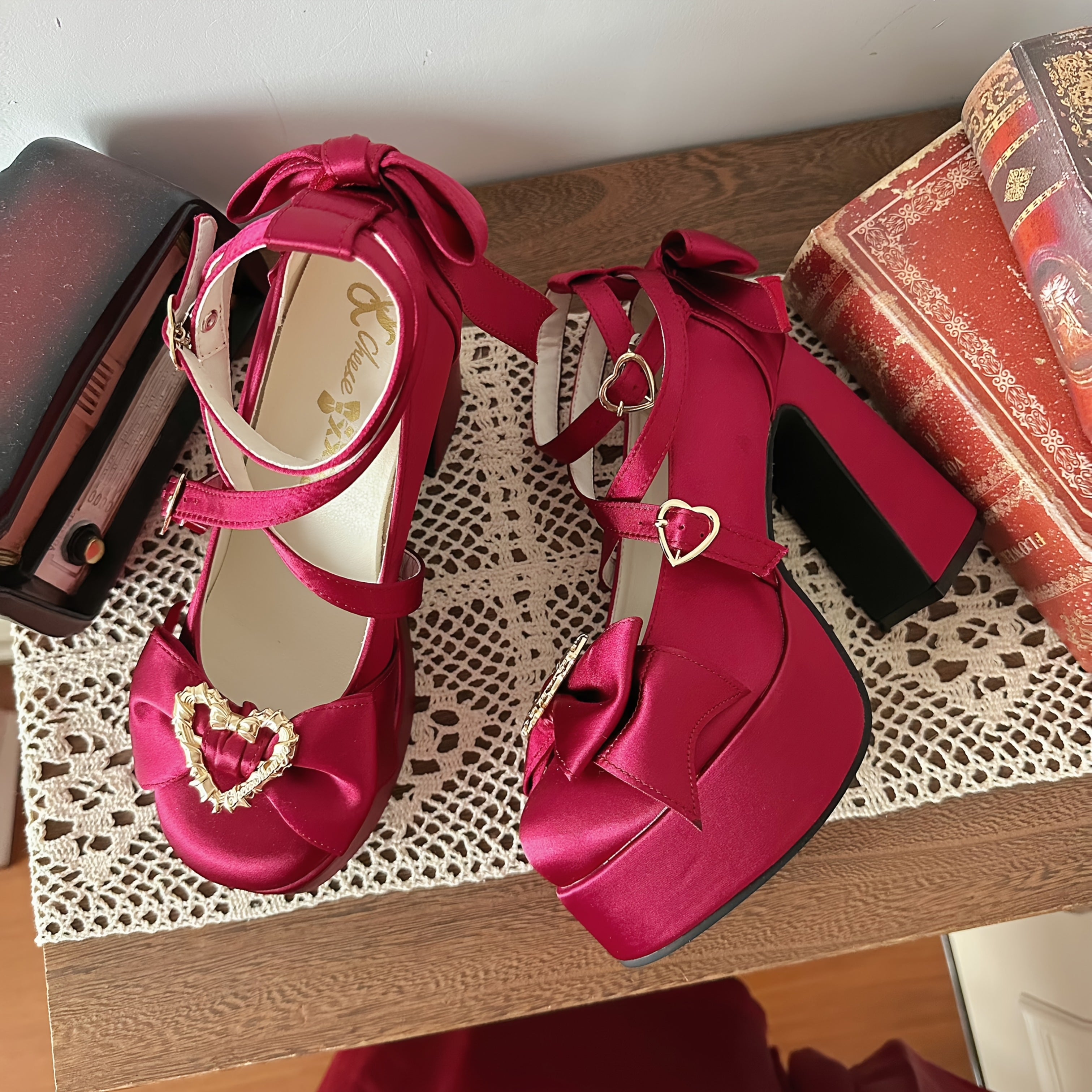 Women's Chunky Heel Pumps with Bow and Heart Buckle Fabric All-Season