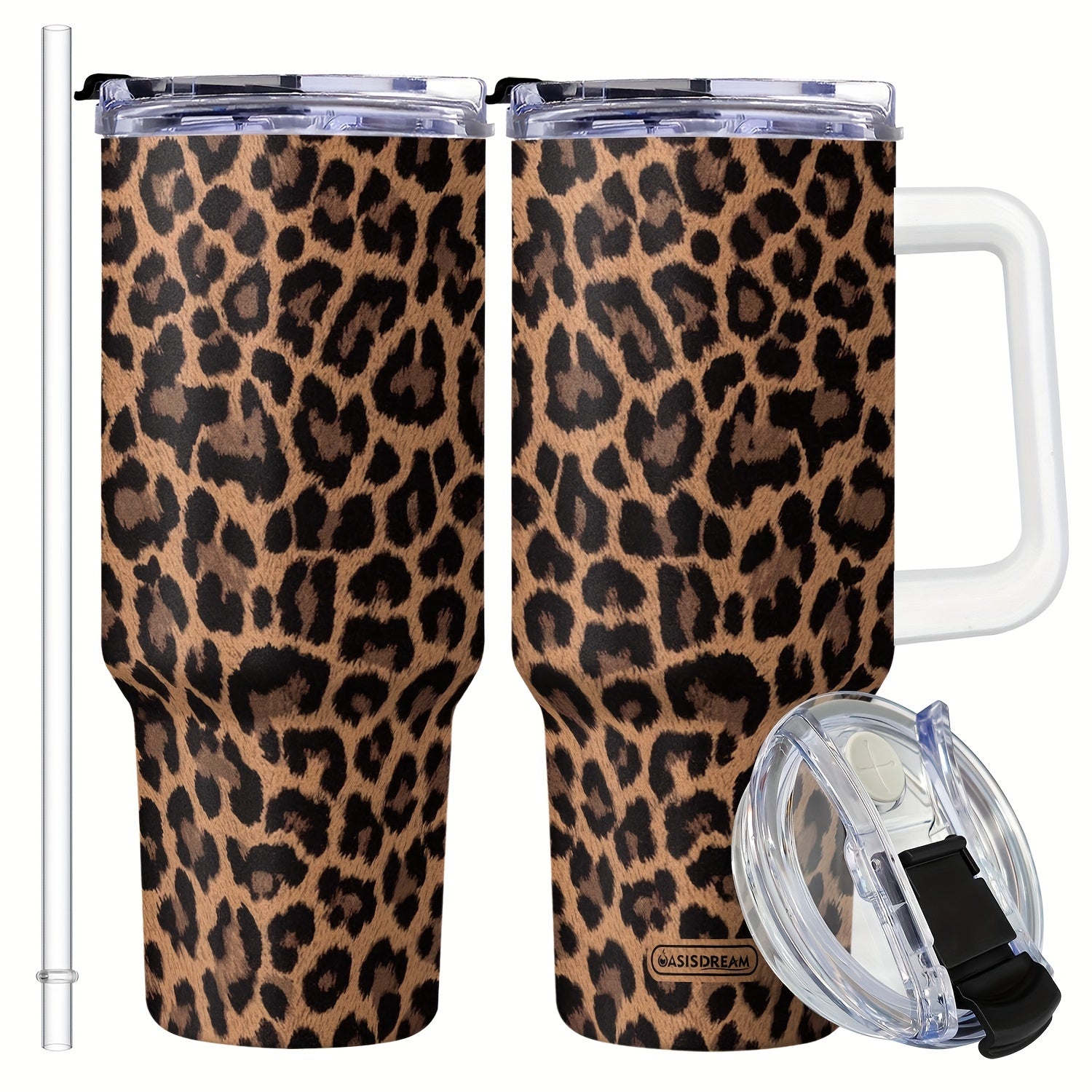 40oz zanglamaydigan po'latdan yasalgan tumbler, tutqich va qopqoq bilan, leopard bosimi, ikki qavatli vakuum mug