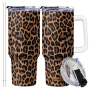 40oz Stainless Steel Tumbler with Handle and Lid Leopard Print Double Wall Vacuum Mug