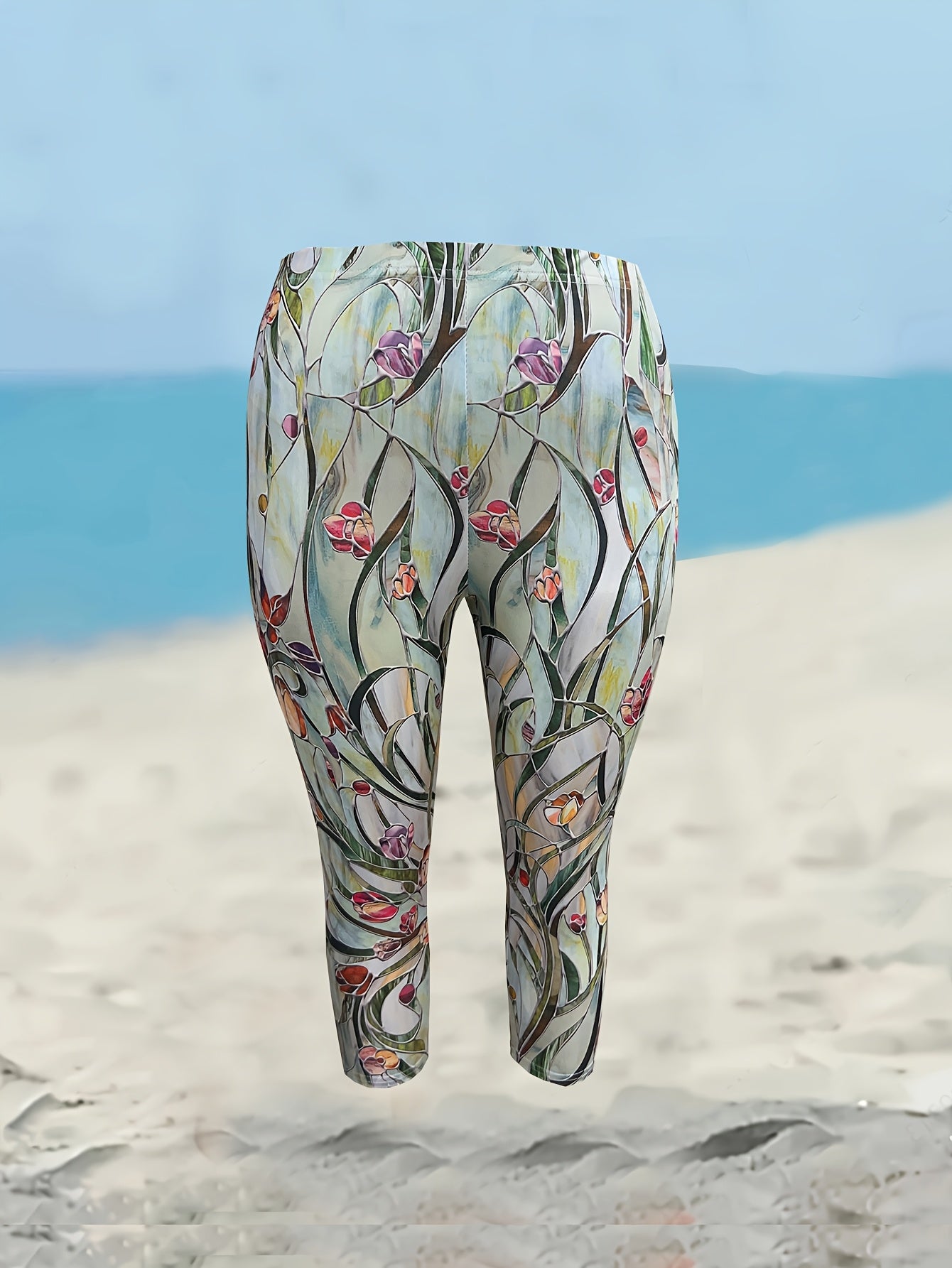 Women's Plus Size Floral Print High-Waisted Capri Leggings Polyester Stretchy Comfortable Summer