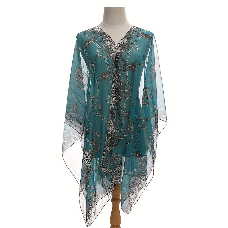 Large Lightweight Imitation Silky Shawl with Letter Chain Stripe Design for Beach and Seaside Travel