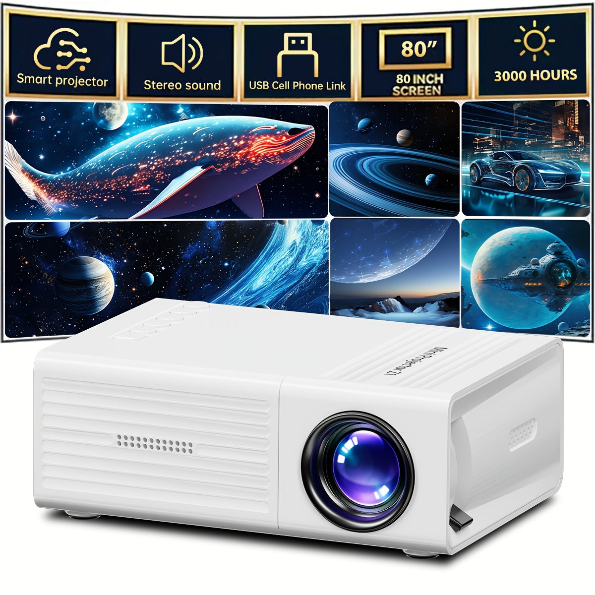 Smartphone Projector Compact 3D 1080P Support USB TV Stereo Audio