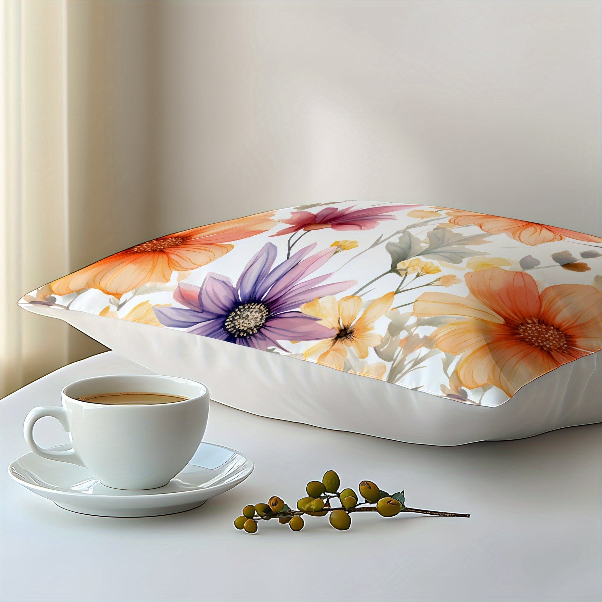 Orange Floral 3D Print Pillowcase Soft Skin-Friendly Fabric Machine Washable Envelope Closure Bedroom Guest Room Hotel