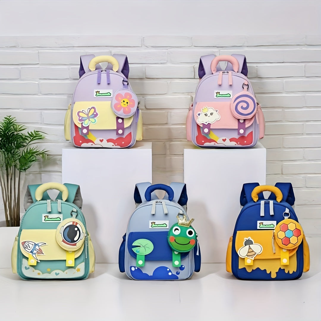 Colorful Nylon Backpack for Kids with Frog and Flower Astronaut Print Adjustable Zipper Closure