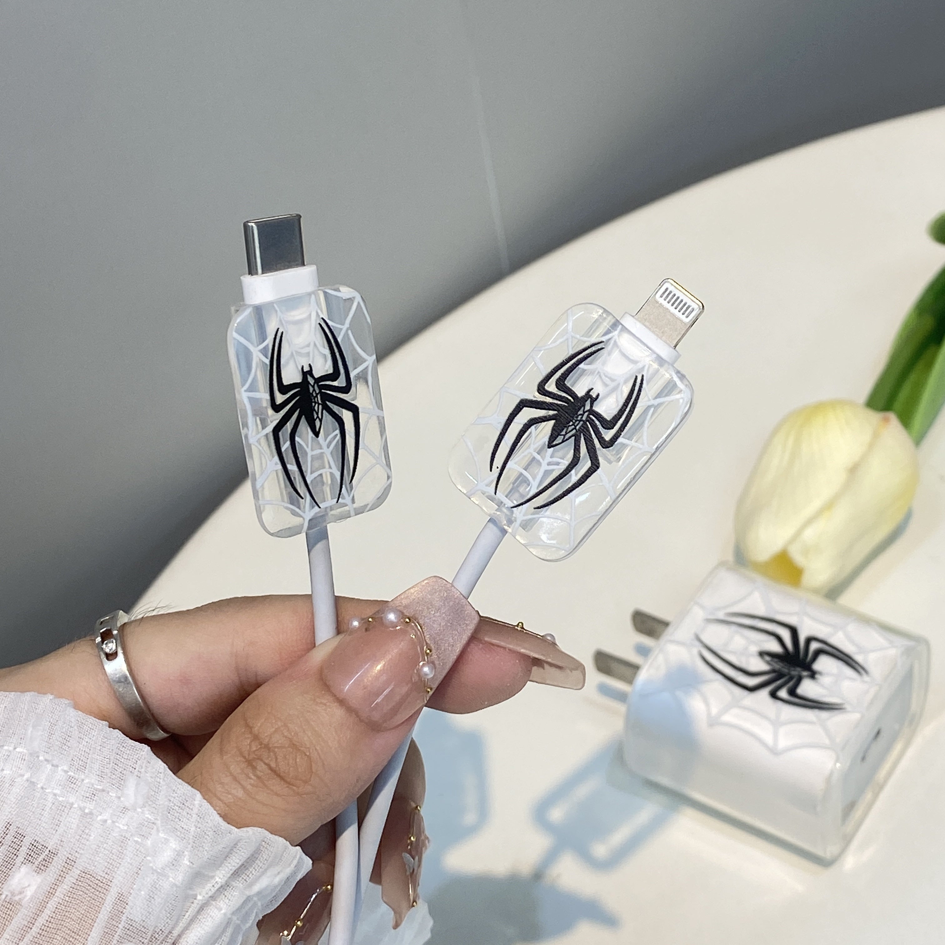 TPU Spider Pattern Charger and Cable Protector Set for iPhone 20W Adapter Durable Port Cover
