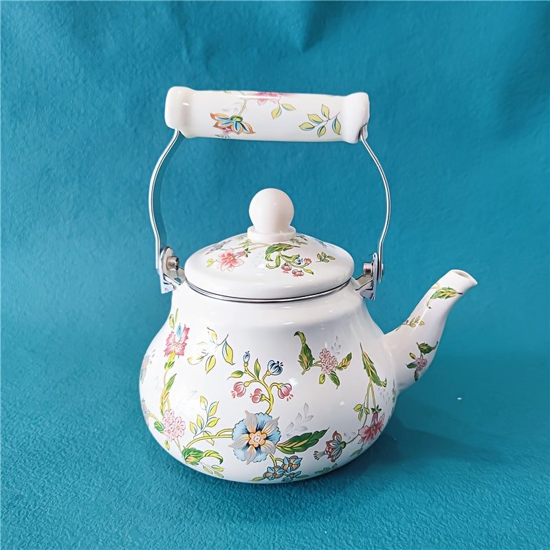 Enamel Kettle 1.5L Floral Design Pear-Shaped Gas and Induction Safe Tea and Cold Drink Maker