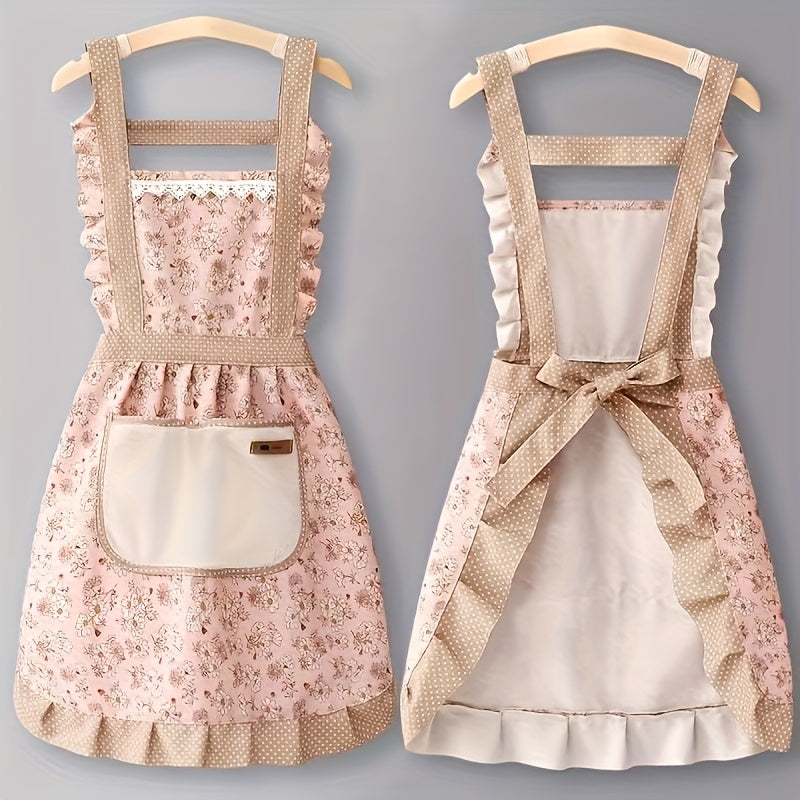Floral Lace Princess Apron with Hand Wipe Pocket for Kitchen and Home in Pink or Green