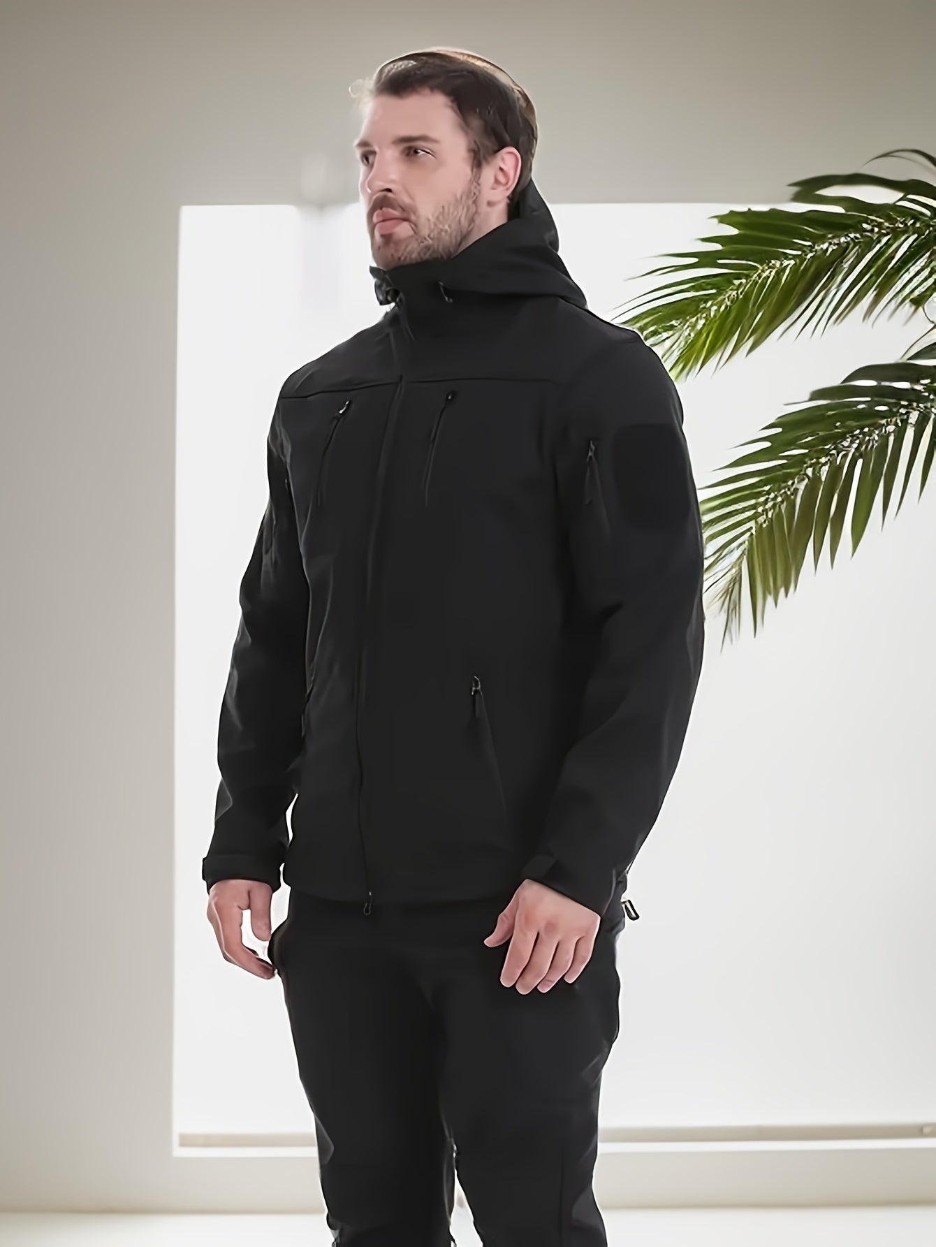 Men's Softshell Tactical Jacket Hooded Zipper Closure Warm Fall Winter Outerwear