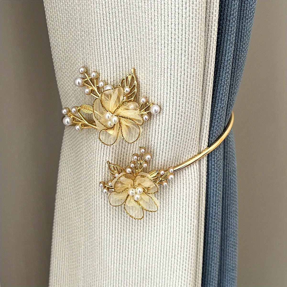 Metal Faux Pearl Curtain Holdback with 3D Flower Design for Bedroom Living Room Kitchen Office