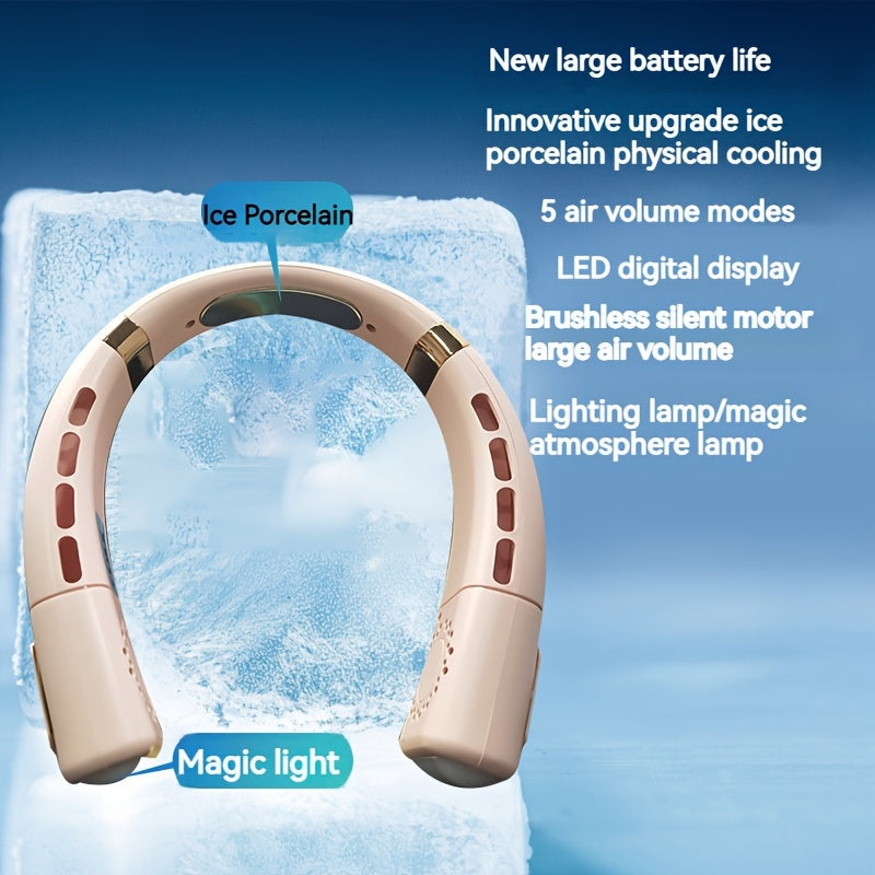 Rechargeable Neck Fan with Screen Display 5-Speed 360° Cooling for Travel Outdoor