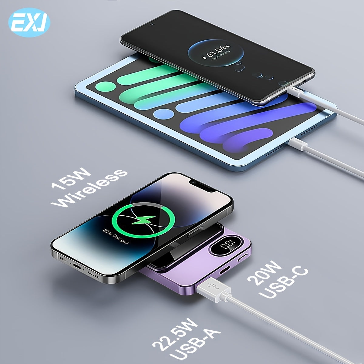EXJ PD 22.5W Магнитный Повербанк, 10000mAh Беспроводное Портативное Зарядное Устройство с USB-C Кабелем, LED Дисплей, Mag-Safe Батарея для iPhone 12 и новее, с быстрой зарядкой.