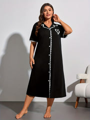 Plus Size Women's Sleep Dress Lace Trim Heart Print Short Sleeve Nightgown Black