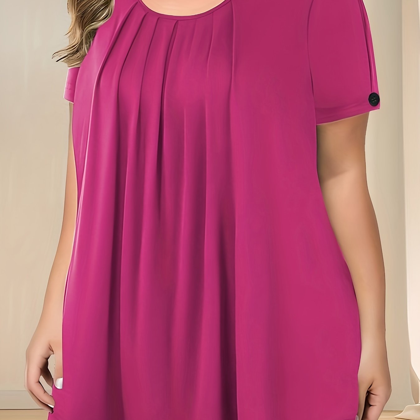 Camiseta de mujer de talla grande con pliegues y botones, verano casual de color sólido con cuello redondo