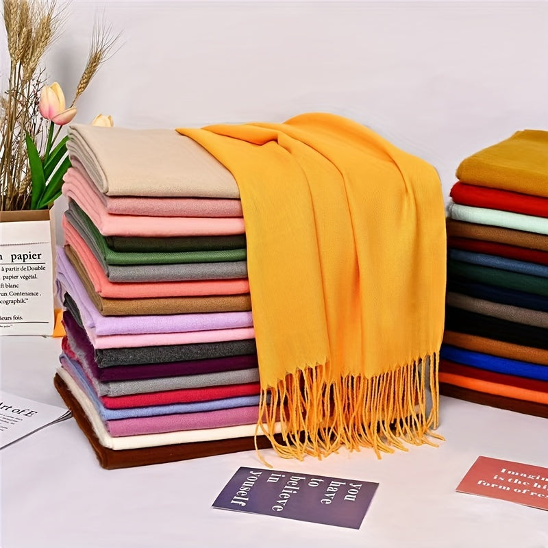 Women’s Tassel Scarf Solid Color Soft Polyester Cozy Windproof Wrap
