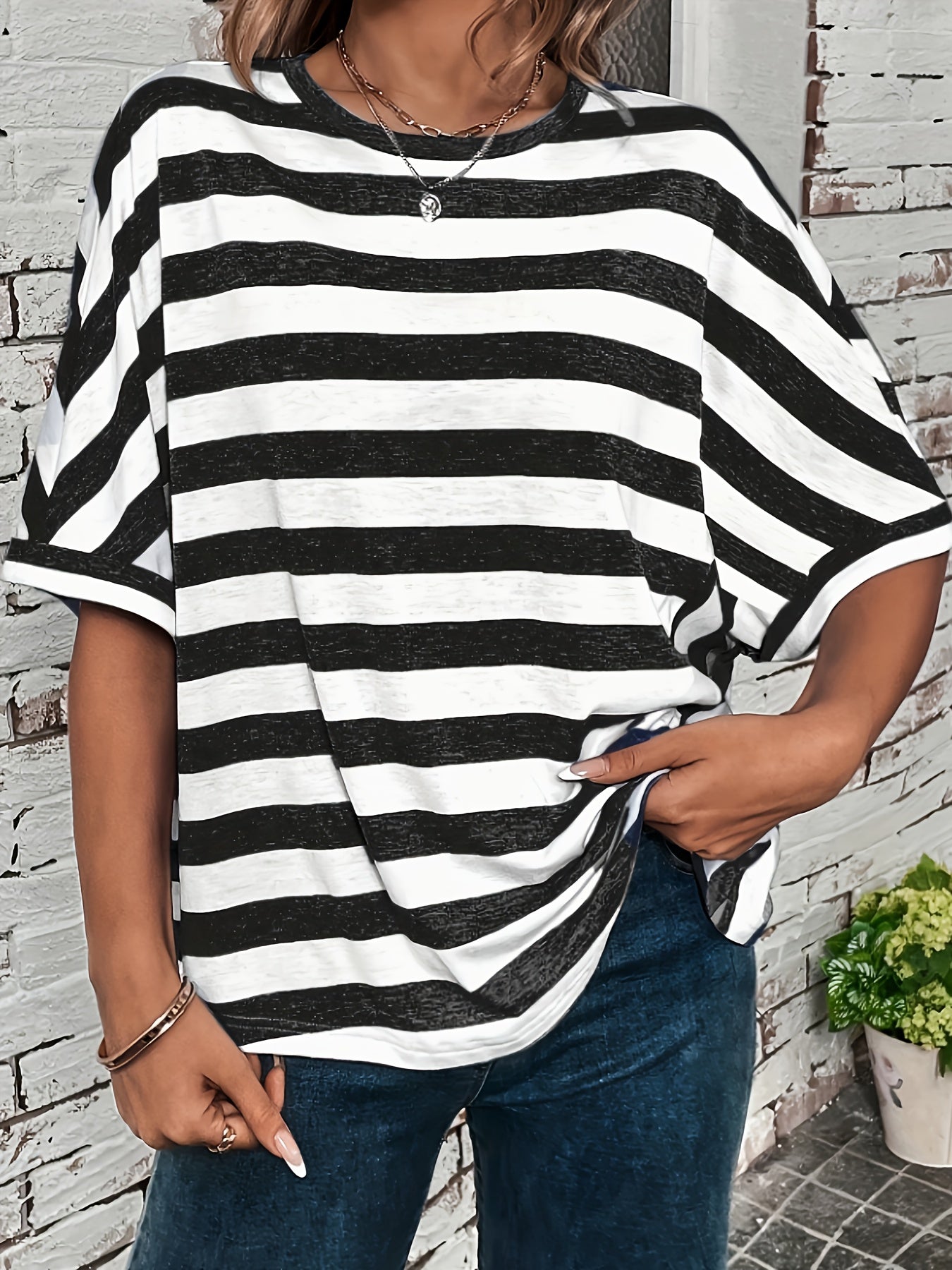 Women's Plus Size Striped Batwing Sleeve T-Shirt Polyester Casual Top