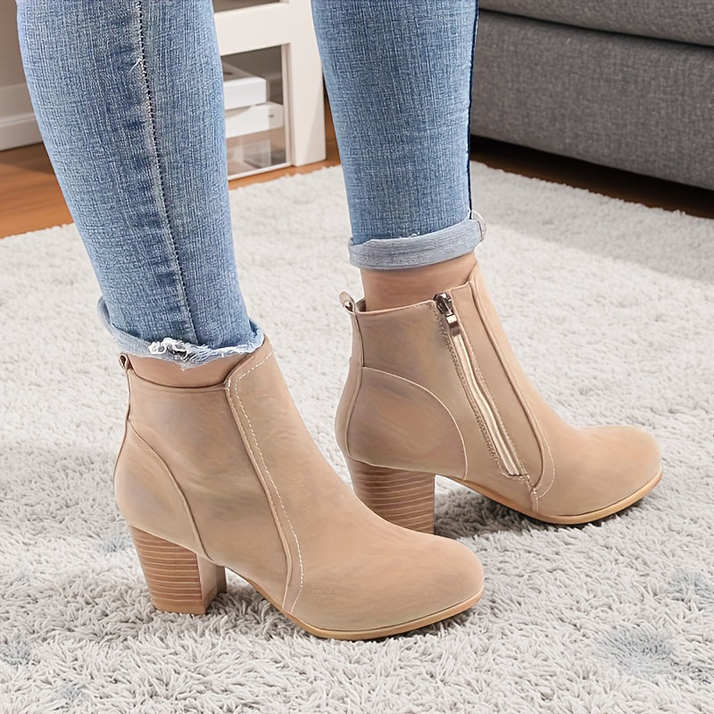 Women's Chunky Heel Ankle Boots Faux Cover Beige 7cm Platform