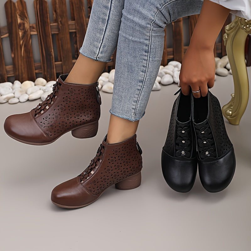 Women Retro Ankle Boots Faux Cover Chunky Heel Zipper Mid-Heel