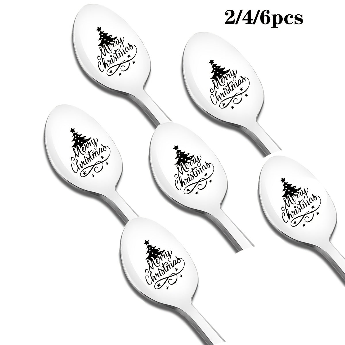 Stainless Steel Spoon Set with Laser-Carved Christmas Tree Designs for Gifting