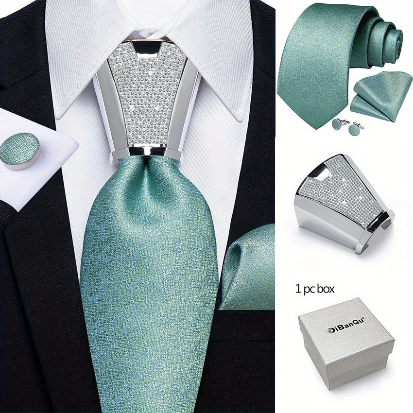 Men's Business Accessory Set with Silver Ring Cufflinks and Handkerchief