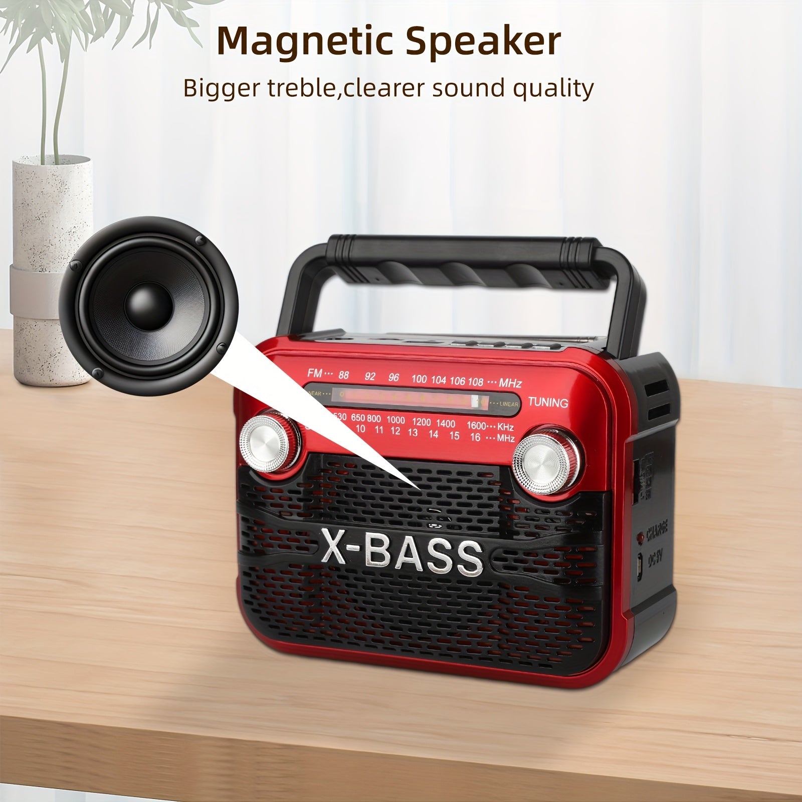 Portable FM Radio with Flashlight Rechargeable Battery USB TF BT Multi-Band Indoor Outdoor Red Black