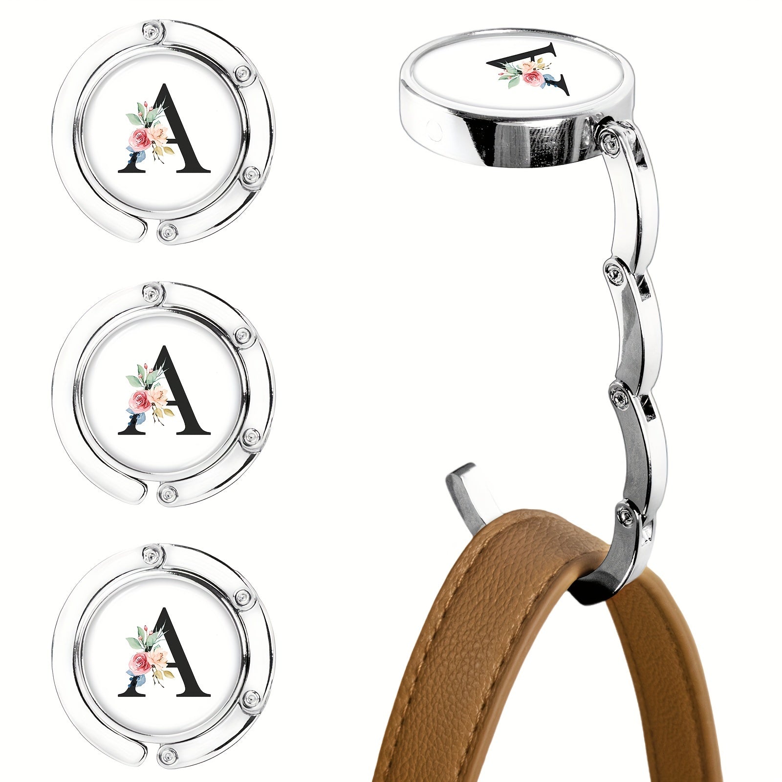 Набор из 3-х складных крючков для кошельков с цветочным дизайном букв, изготовленных из металла для подвешивания сумок на столах. Стильная подставка для сумок и органайзер для стола для женщин.