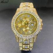 Men's Gold Diamond Decorated Quartz Watch with Rhinestone Dial and Hip-Hop Style